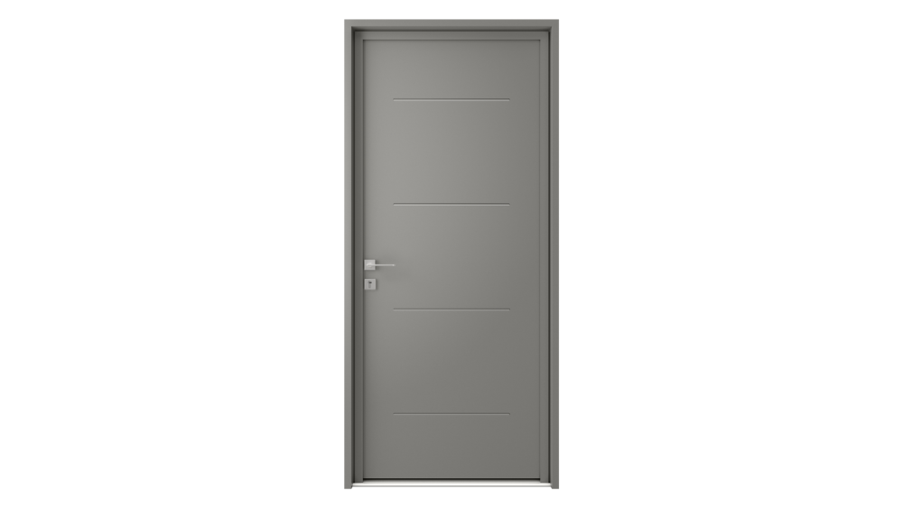 Porte d'entrée aluminium VALAXA 2 Porte d'entrée grise avec 4 décor horizontaux en inox